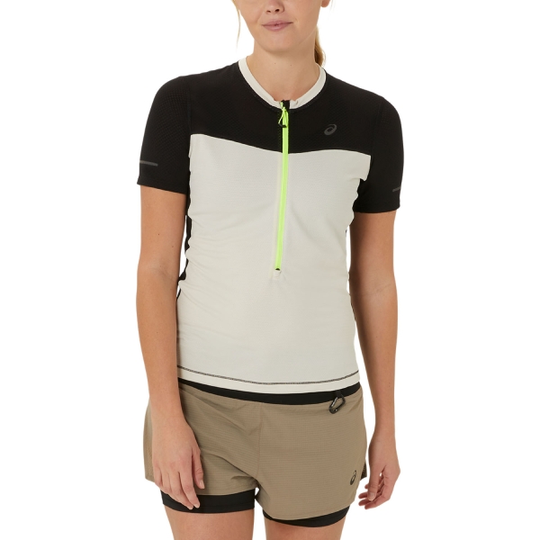Women's Short Sleeve Shirts Trail Running ASICS Fujitrail Logo TShirt  Oatmeal/Performance Black 2012C721250