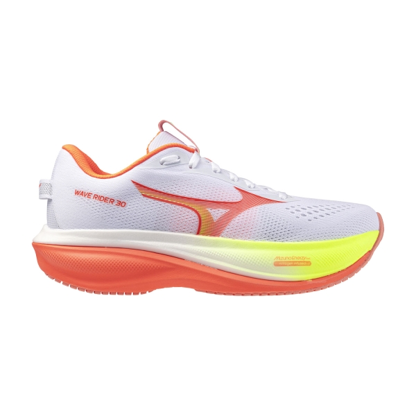 Women's Neutral Running Shoes Mizuno Wave Rider 30  White/Lava Orange/Lime Pulp J1GW262071